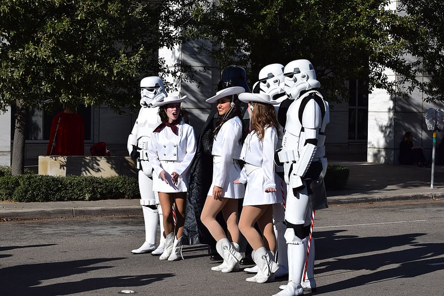 star wars, parade, cheerleader, full length, real people, day, tree, people, fashion, portrait