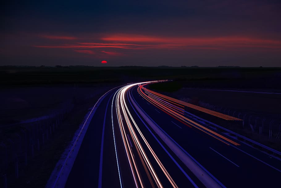 light, trails, cars, road, landscape, nature, path, night, mood, atmosphere