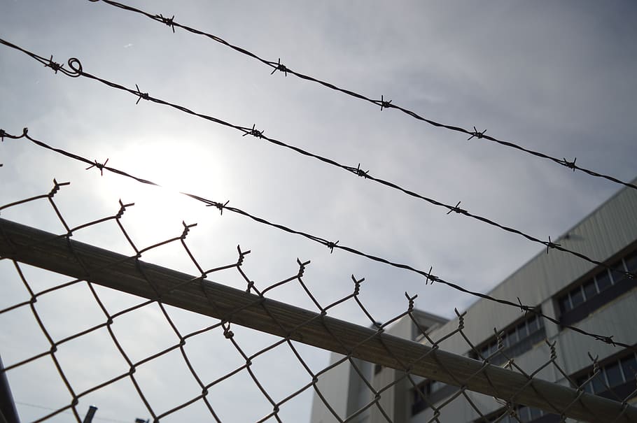 gray, barbwire, top, cyclone fence, barbed wire, chain link, fence, prison, metal, barrier