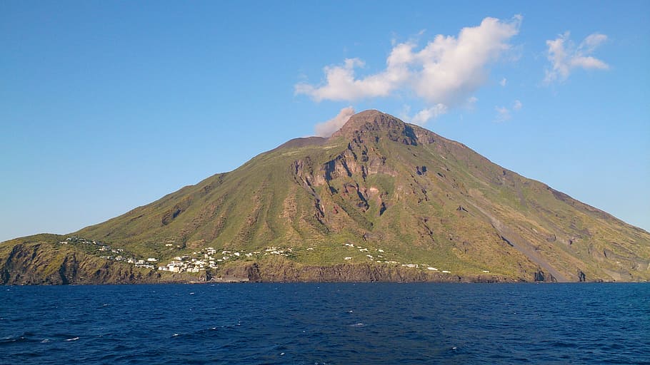landscape photography, conical mountain, body, water, stromboli, aeolian islands, volcano, active, lava, sicily