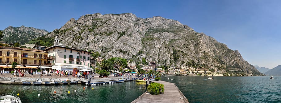 Italia, Garda, lago, montañas, vacaciones, paisaje, panorama, Limone, agua, embarcación náutica