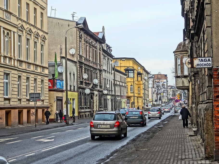 jadwigi street, bydgoszcz, road, street, city, facades, traffic, architecture, urban Scene, europe