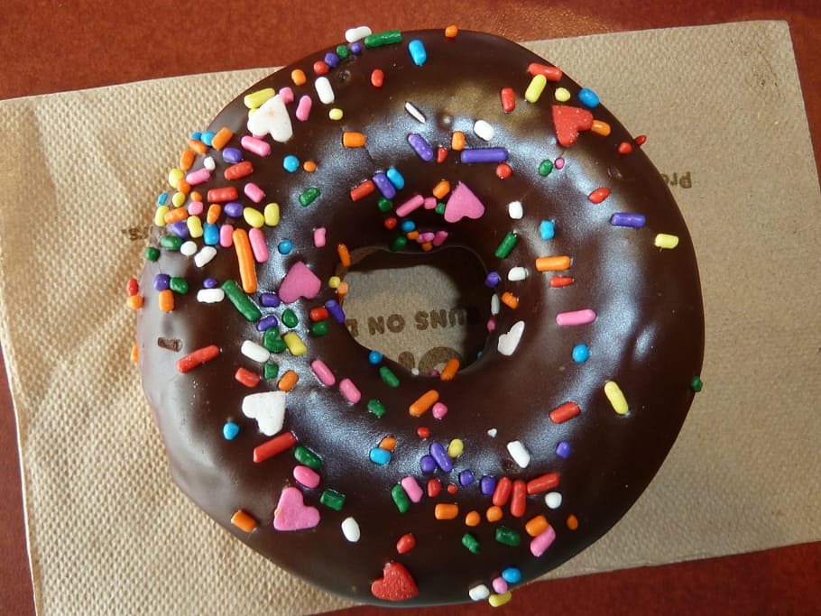 chocolate donut, brown, paper towel, chocolate, donut, brown paper, doughnut, sprinkles, dessert, bakery