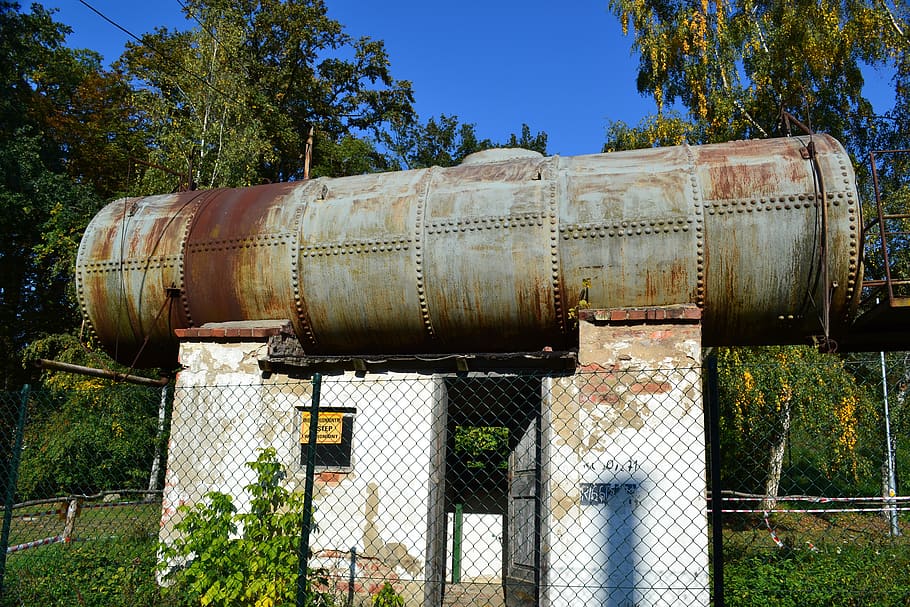 monument technology, the tank, retro, the industry, old, water, metal, nature, plant, tree