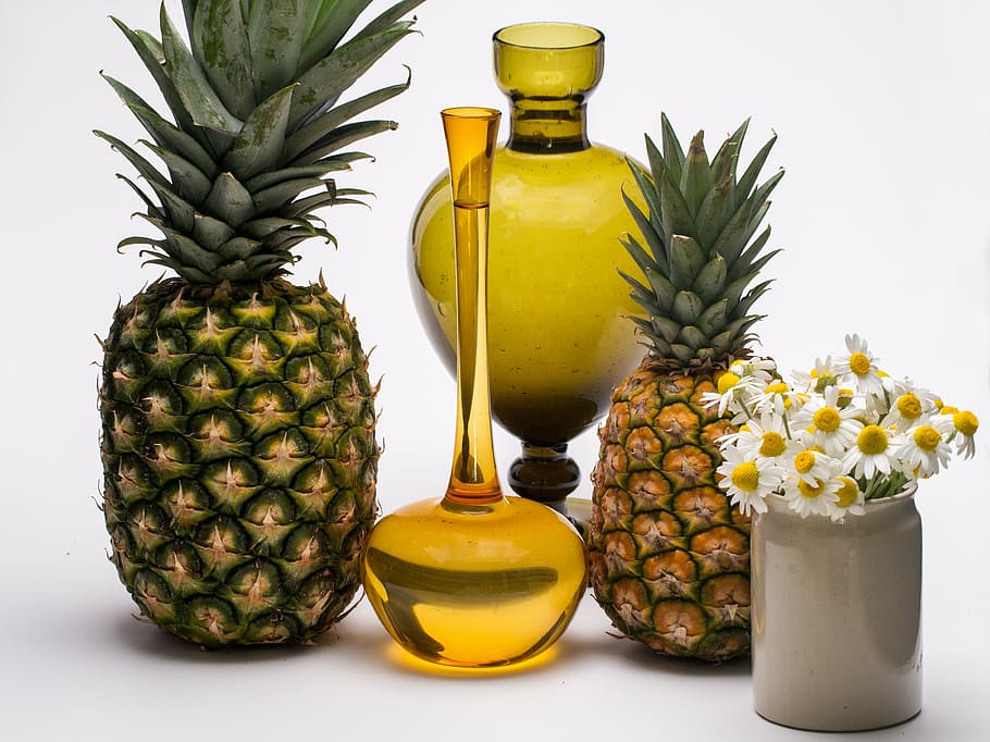 two, pineapples, brown, glass vases, still life, fruits, pineapple, tropical fruits, flowers, vases