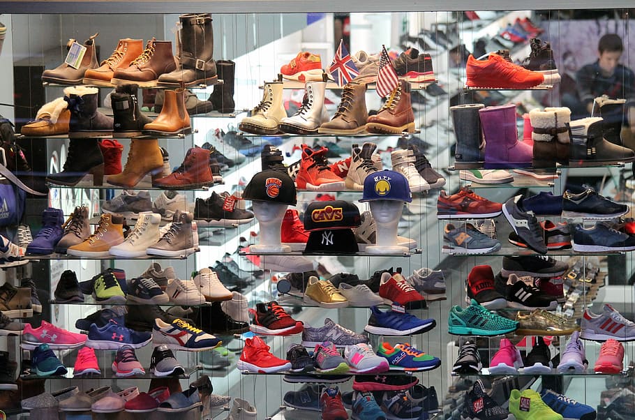 assorted-color shoes, clear, glass rack, Shoes, Display, Fa, Design, Fashion, style, shop