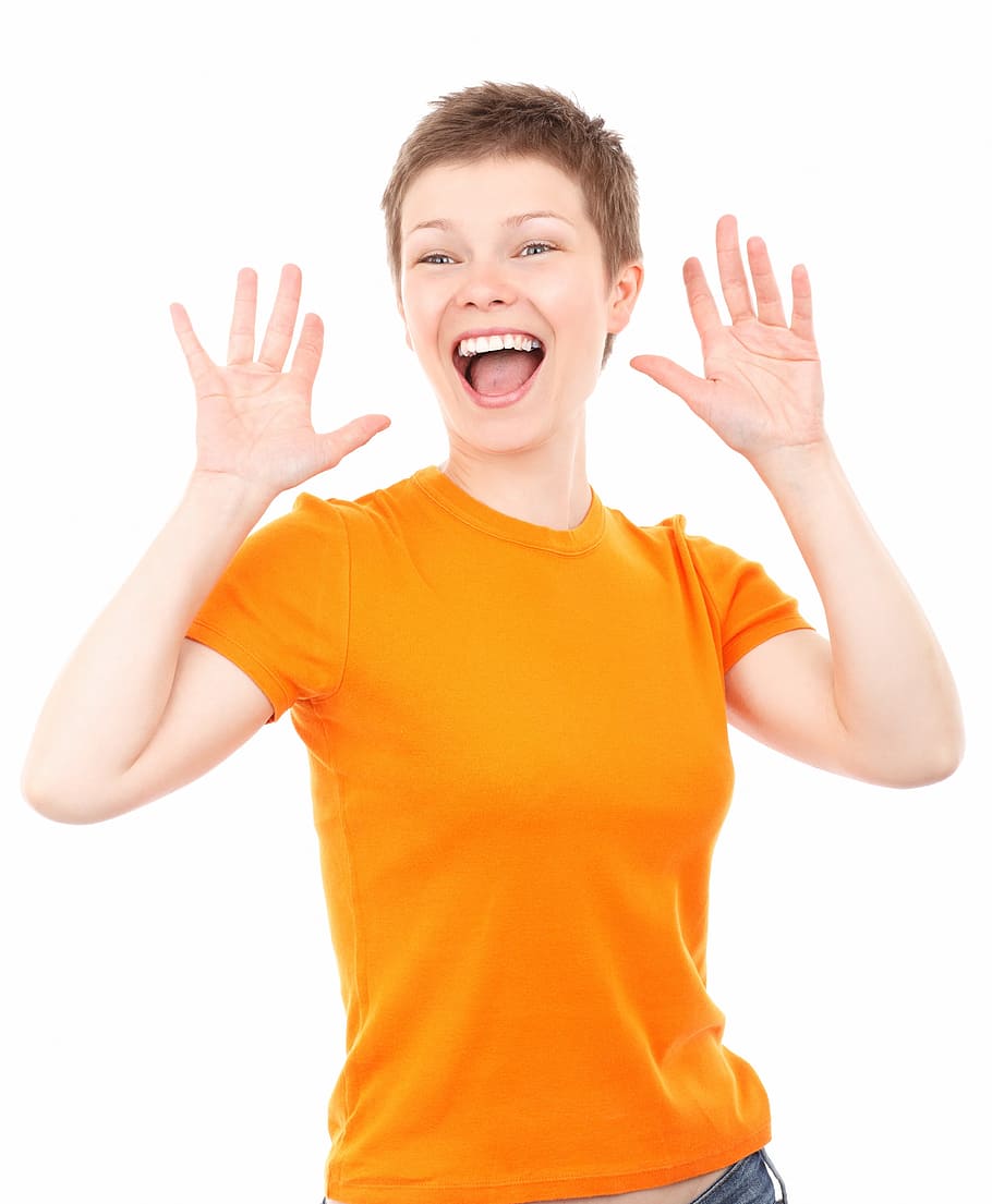 woman, wearing, orange, crew-neck t-shirt, beautiful, cheerful, cute, excited, face, fashion