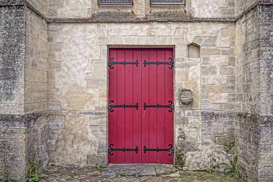 gray, brick structure, red, wooden, door, goal, input, fittings, old door, wooden door