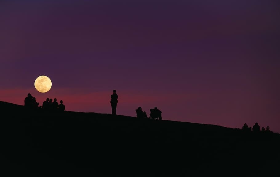 silhouette, people, top, hill, night, moon, sky, mountain, mountaineer, adventure
