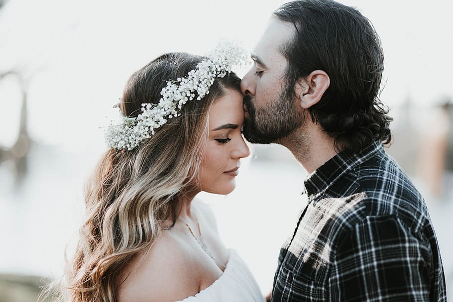 man, kissing, woman, forehead, people, couple, love, kiss, intimate, flower crown