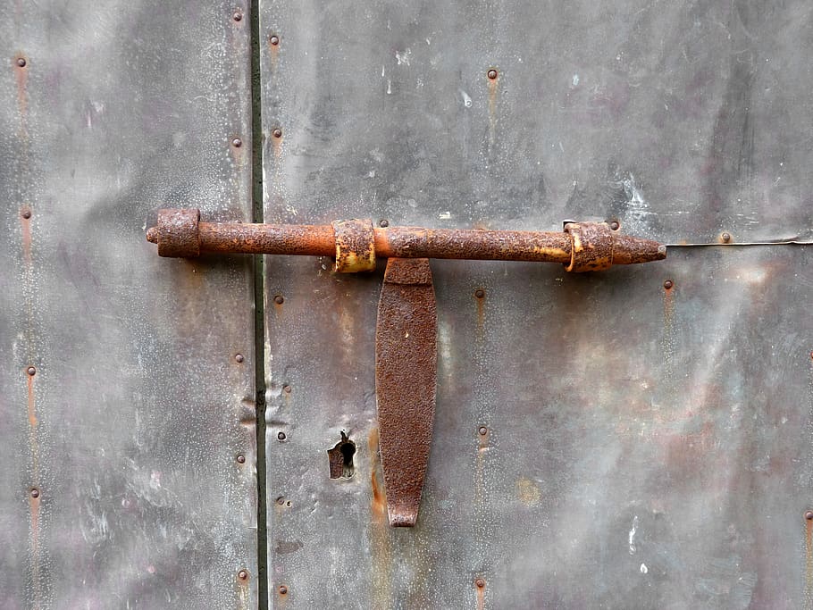 bolt, door, close, closed, old, rusty, iron, unclean, metal, weathered