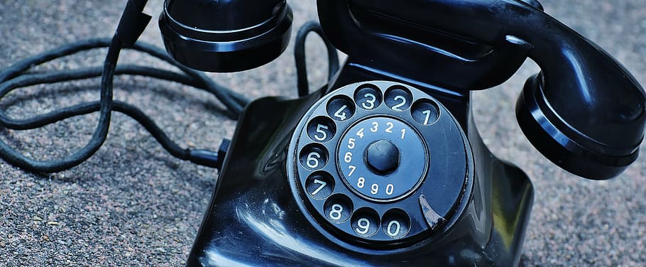 vintage, negro, rotativo, teléfono, gris, superficie, antiguo, año de construcción 1955, baquelita, poste