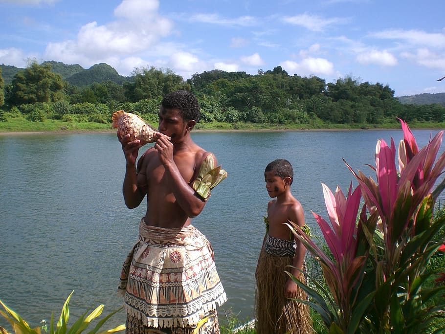 man, boy, standing, body, water, Fiji, Ethnic, Conch Shell, Shell, River, river