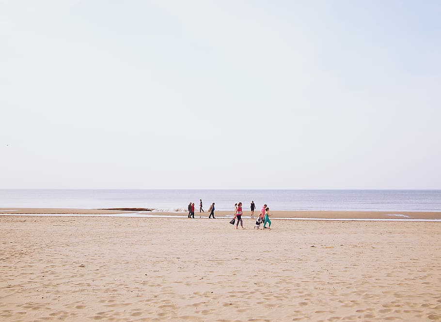 people, beach, daytime, blue, brown, pink, purple, sand, sea, summer