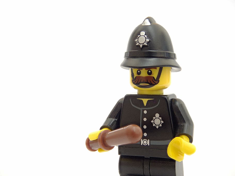 close-up photography, minifig toy, police, lego, policeman, law, enforcement, law enforcement, officer, cop