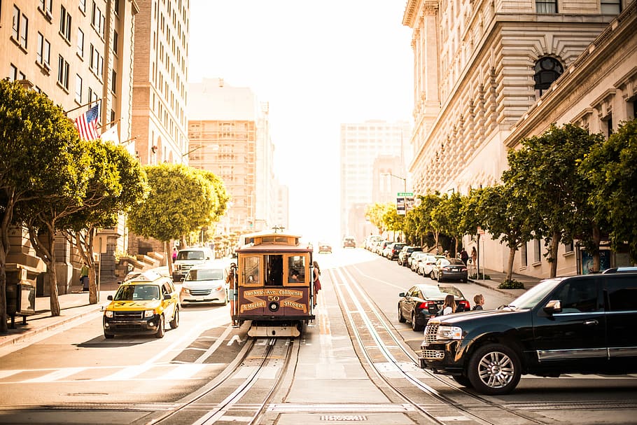 Kereta Gantung San Francisco, Sunny, California Street, arsitektur, kereta gantung, california, mobil, kota, penyeberangan, rumah