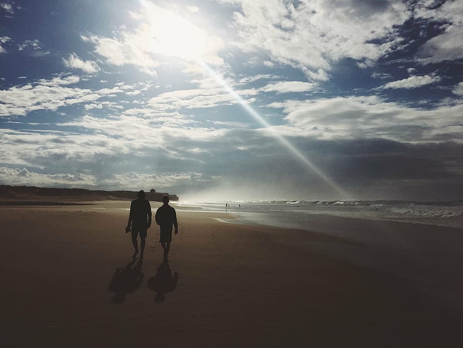 two, person, walking, shore, sea, ocean, water, waves, nature, beach