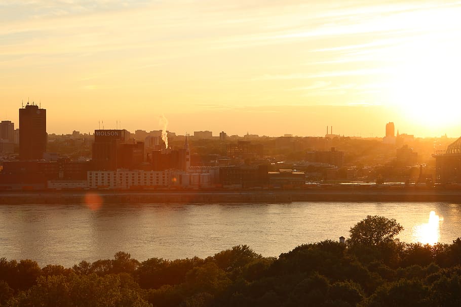 sunset, sky, water, river, buildings, trees, skyline, city, molson, montreal