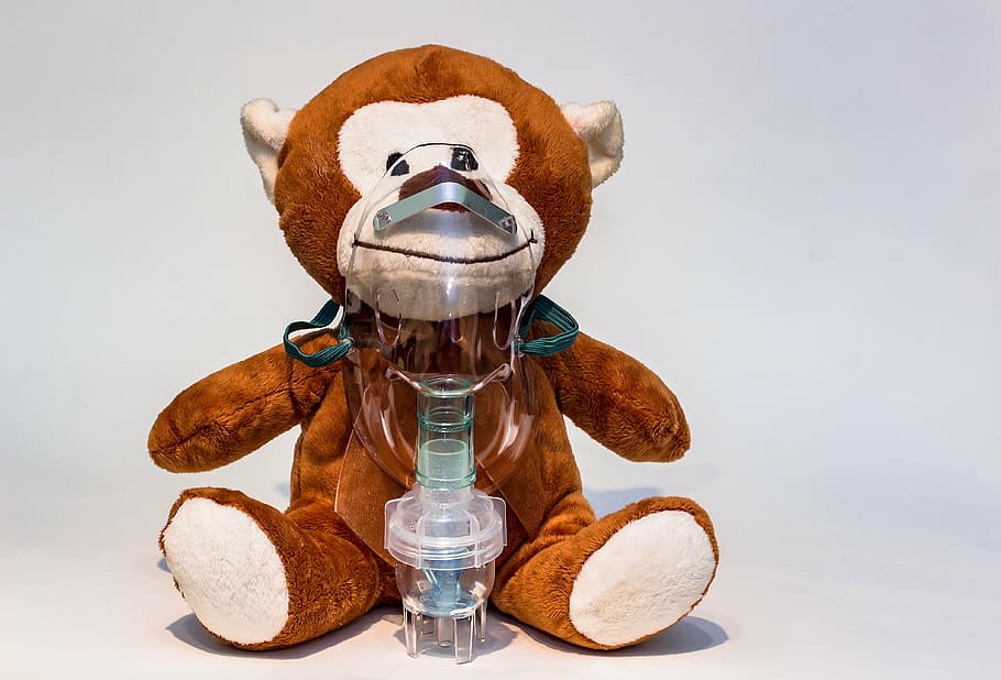 brown, white, monkey, plush, toy, nebulizer, inhalation, inhalation mask, aerosol, aerosol mask