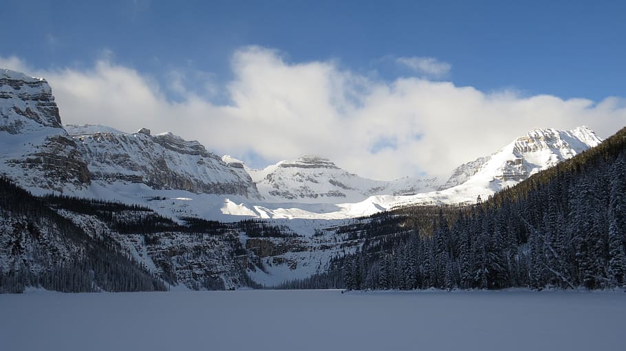boom lake, banff national park, west canada, winter, lake, snow, cold temperature, mountain, scenics - nature, cloud - sky