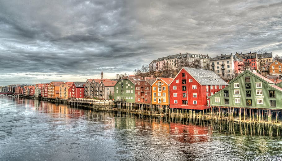 assorted-color houses, bodies, water, panoramic, photography, trondheim, norway, architecture, bridge, colorful