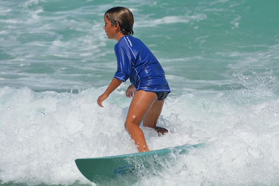 boy, riding, surfboard, daytime, sea, ocean, people, child, sports, surf