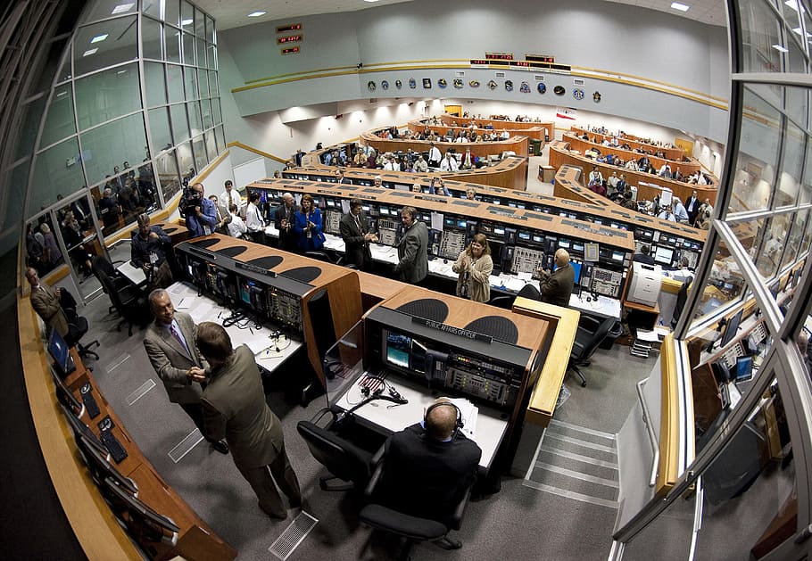 fish-eye photography, room, full, people, front, computers, desks, launch control, cape canaveral, florida