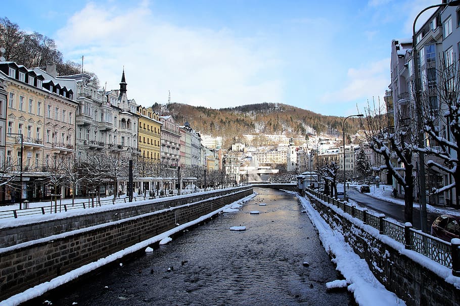 sungai, kota, spa, bangunan, rumah, vila Art Nouveau, tua, Arsitektur, Karlovy Variasi, Republik Ceko