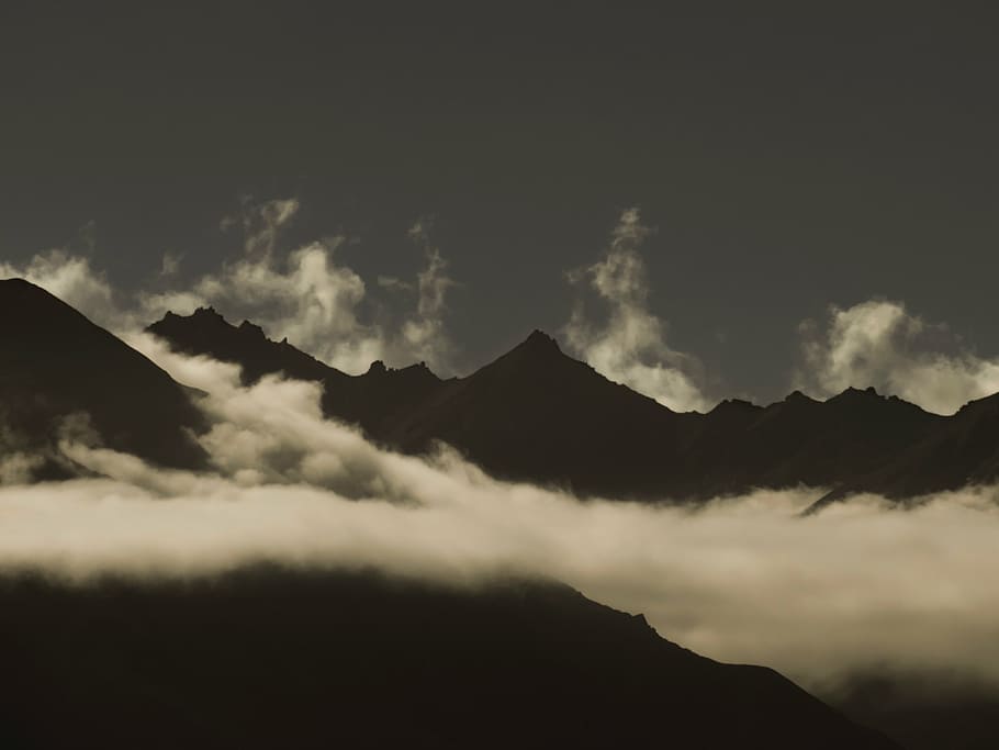 mountain range, covered, clouds, mountain, highland, cloud, sky, summit, ridge, landscape