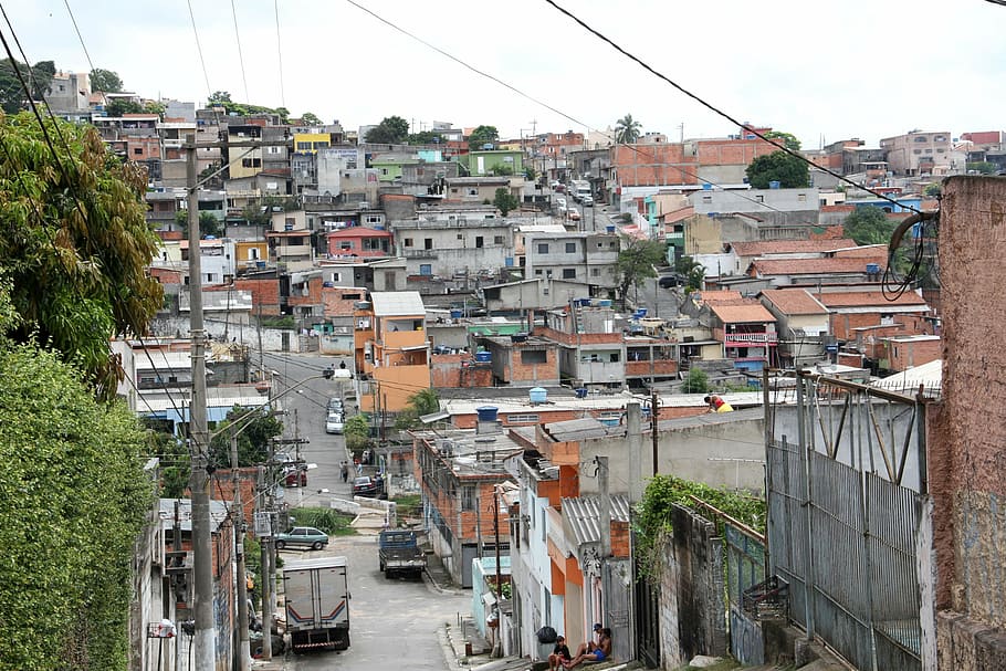 vehicles, road, city, day, brazilian reality, brazil, city of carapicuiba city, favela, slum, no sidewalk street