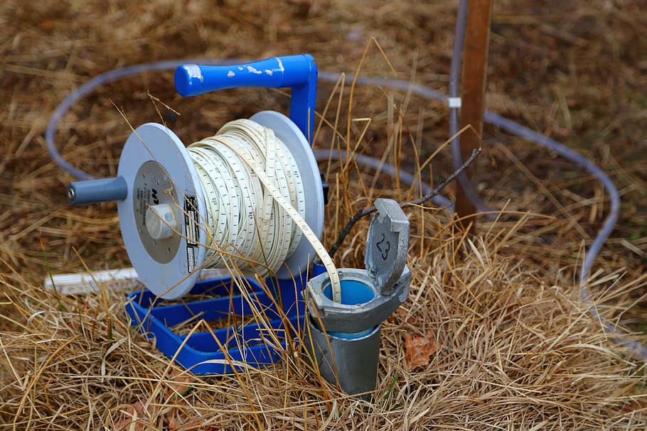blue, gray, reel, white, rope, leads, pipe, Groundwater, Measurement, Water