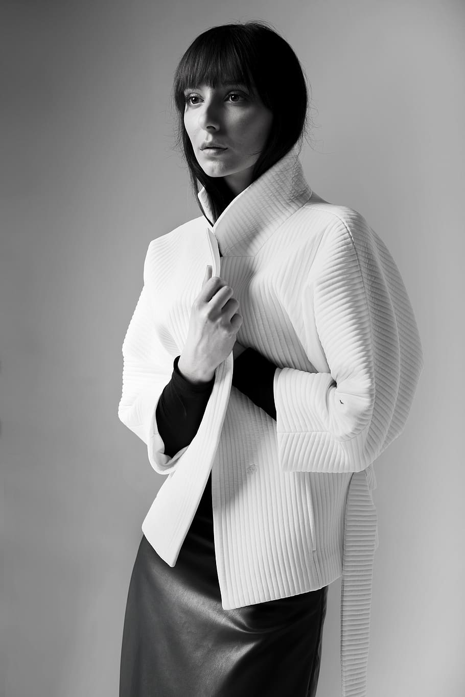 woman, white, jacket, posing, one, portrait, grown up, clothing, fashion, young