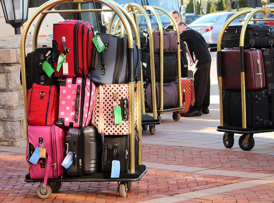 person, taking, assorted, luggage bag lot, bellman luggage cart, baggage, luggage trolley, suitcases, baggage handling, tourists