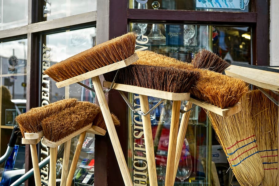 brown wooden brooms, broom, sweep, brush, sweeping, clean, tool, broomstick, wooden, stick