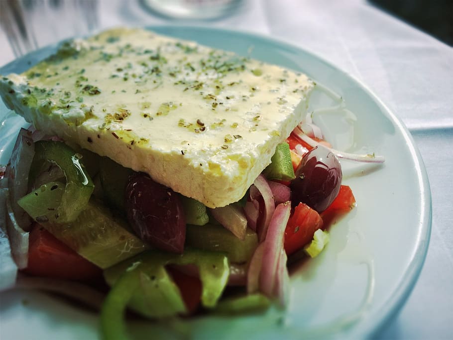 vegetable salad, toasted, bread, plate, greek salad, greek, salad, feta, food, healthy