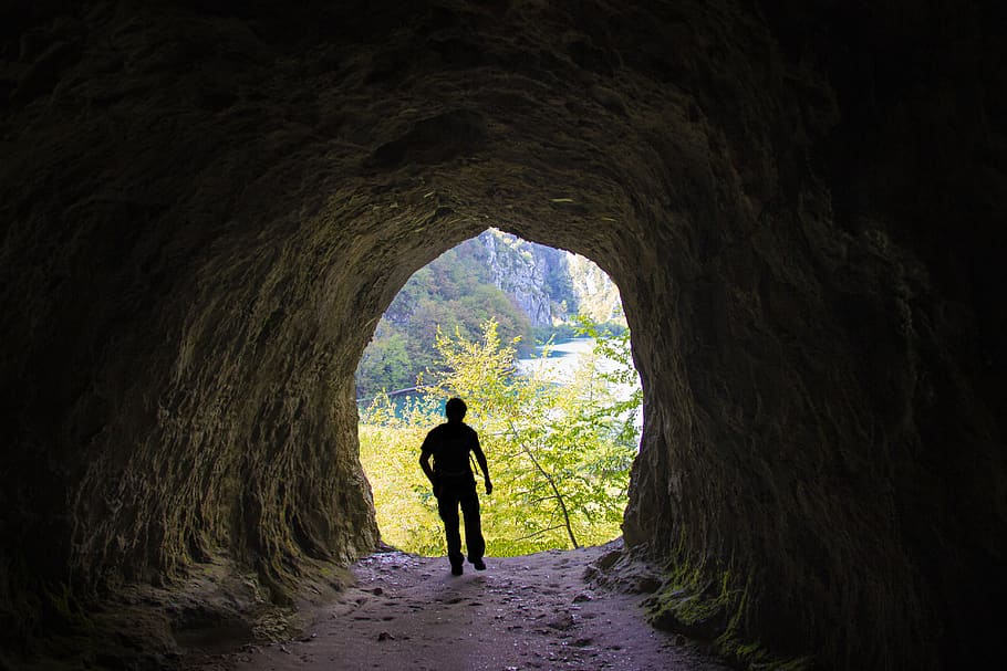 cave, lake, man, silhouette, rock, the way forward, tunnel, direction, one person, arch