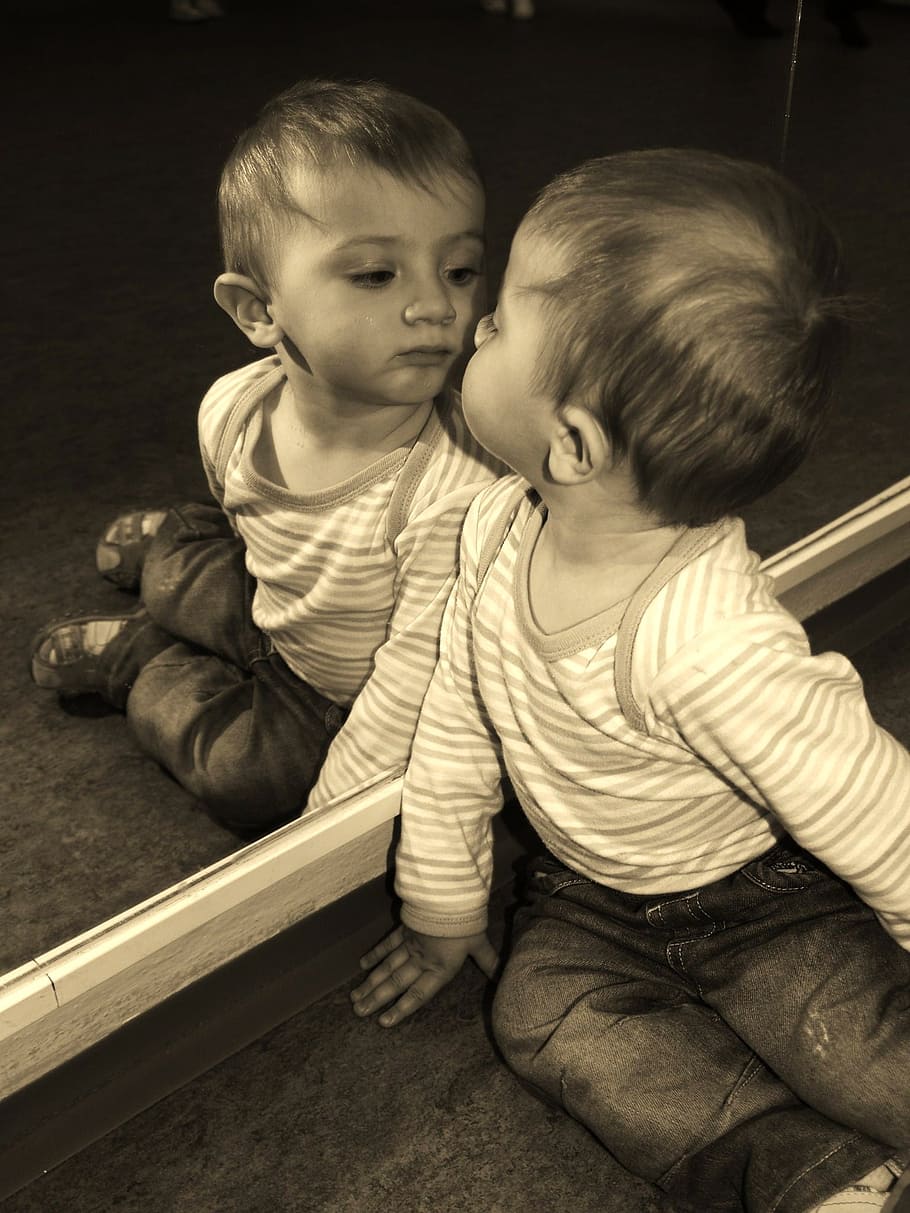 baby, looking, mirror, child, boy, reflection, cognition, childhood, males, men