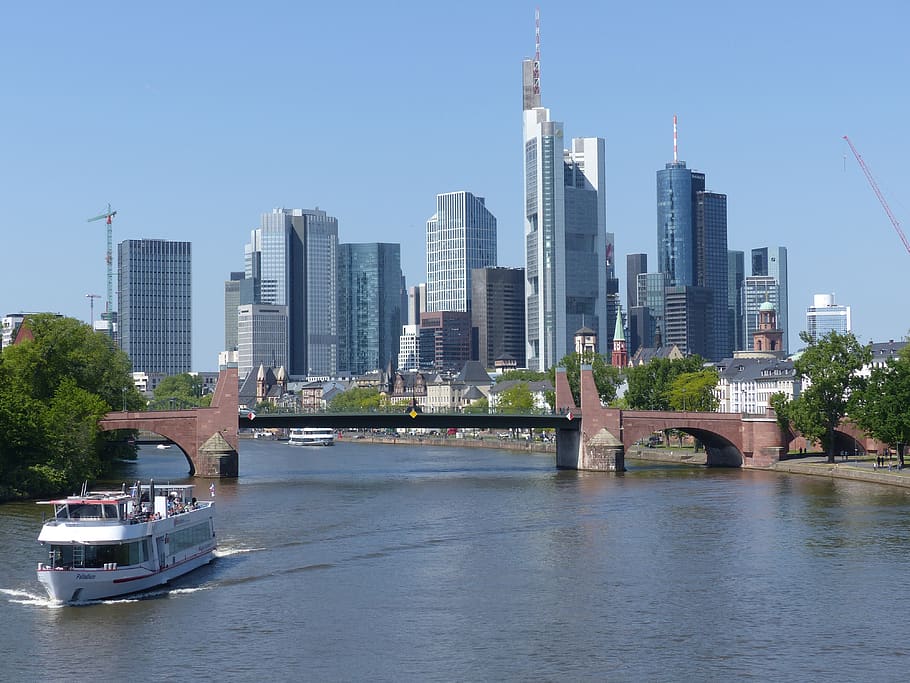 frankfurt am main Jerman, frankfurt, kota, kaki langit, utama, pencakar langit, Jerman, Panorama, melihat, sungai