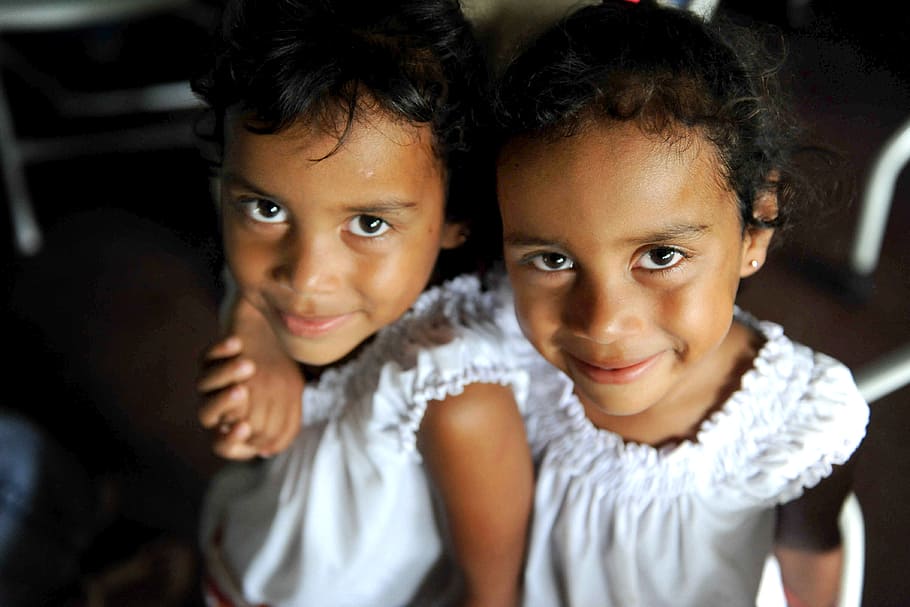 female, wearing, white, shirt, children, twins, girls, young, nicaraguan, portrait