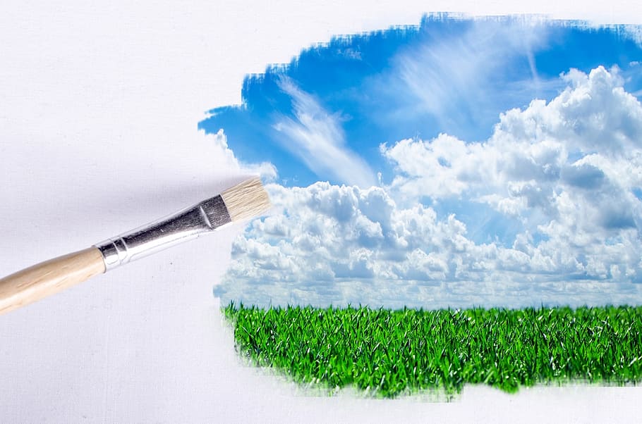 brown, wooden, paintbrush painting, green, plant field, white, clouds, blue, sky, paintbrush