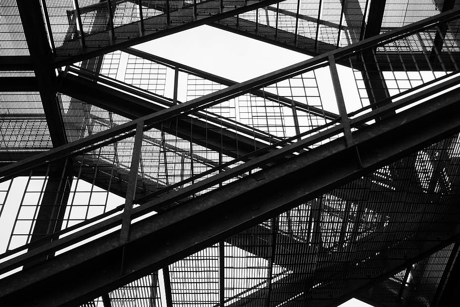 grayscale photo, building, emergency exit, stairs, emergency, exit, evacuation, escape, safety, staircase