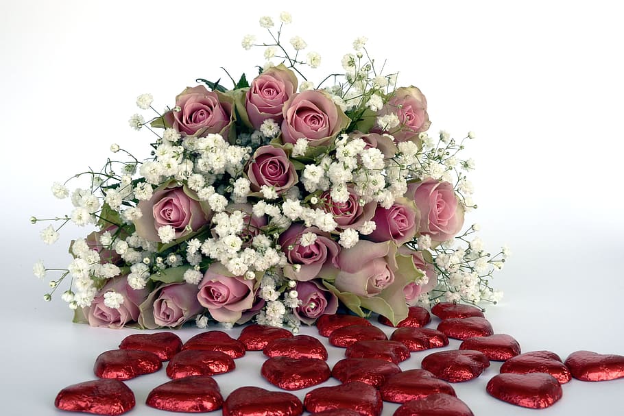 bouquet, pink, rose, roses, rose flower, flowers, white, heart, red, gypsophila