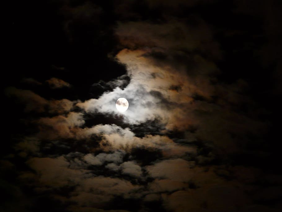 full, cloud formation, Night, Moon, Clouds, Moonlight, Hof, light, dark, creepy