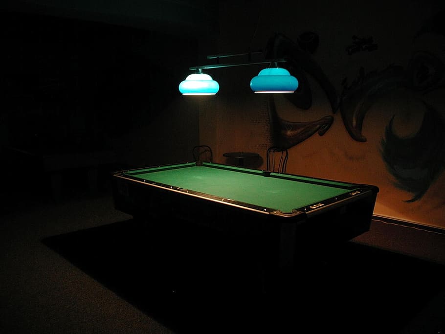table, billiard, furniture, lighting equipment, illuminated, indoors, dark, electric lamp, pool table, green color