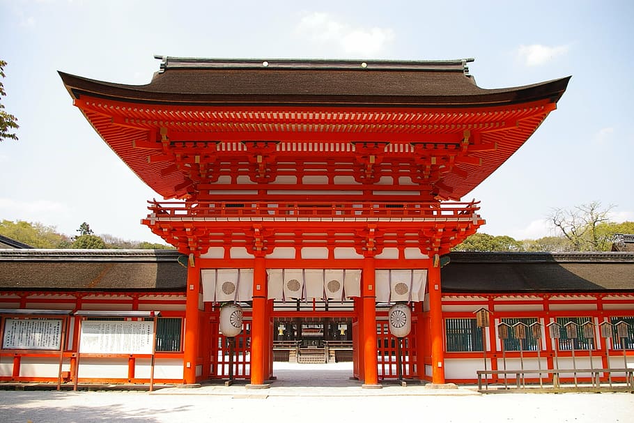 red, painted, building, daytime, japan, kyoto, shimogamo shrine, shrine, gate, vermilion