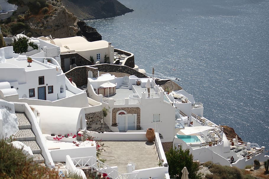 santorini, terraces, building, greece, resort, travel destination, white wall, sea, water, architecture