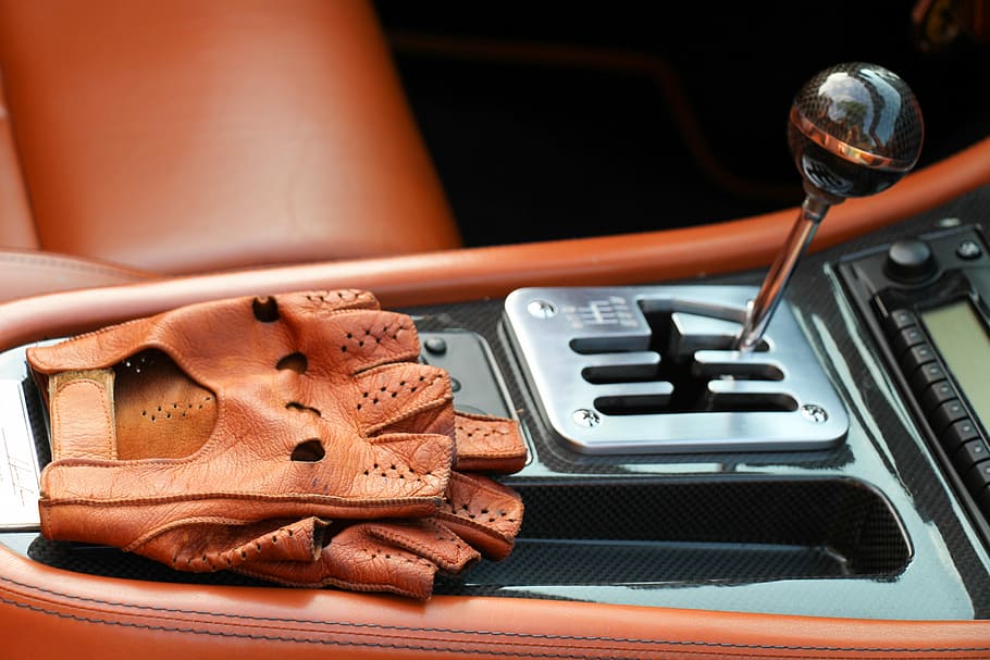 pair, brown, leather gloves, gear shift lever, ferrari, interior, car, italian car, sports car, cabriolet