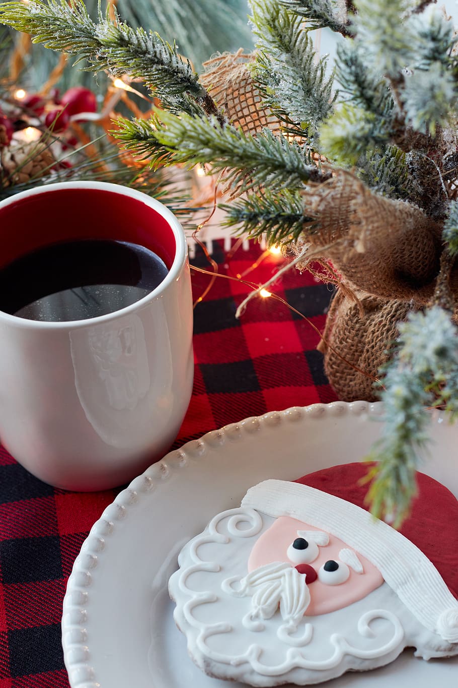 christmas, santa, cookies, coffee, festive, plate, holiday, plaid, pine, snack