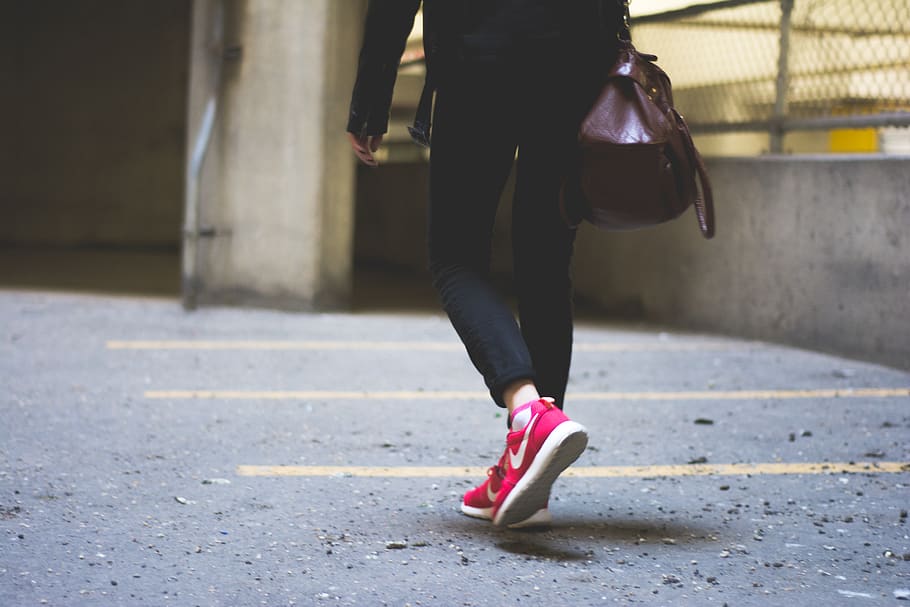 nike, sneakers, shoes, girl, people, purse, walking, pavement, lifestyle, one person