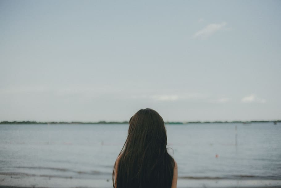 woman, girl, lady, people, back, contemplate, nature, sea, ocean, water